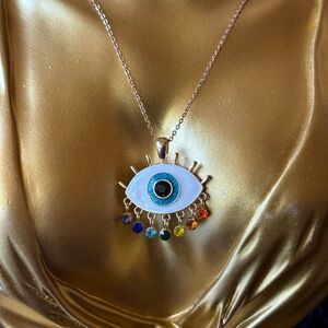 Hand Crafted Gold Evil Eye Necklace with Colorful Charms